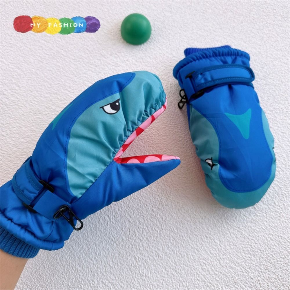 Outdoor Sport Gloves - Cartoon-Kinder-Skihandschuhe mit Hai-Muster und Knöchelschutz, Kinder-Snowboard-Fäustlinge,